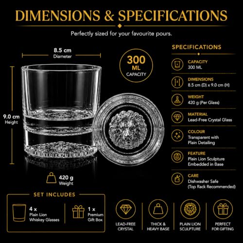 Image of Melbify Lion Whiskey Glasses | 300 ml | Set of 4 | Animal Whiskey Glass| Whisky Glass with Lion Symbol | Premium | Unique| Big | Thick | Crystal | Serving for Whiskey, Rum, Bourbon, Vodka, Scotch