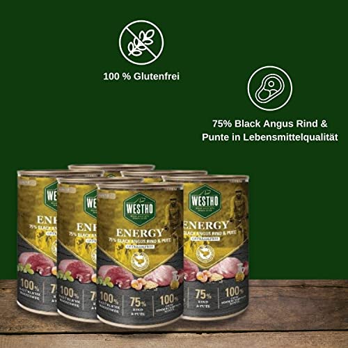 WESTHO Nassfutter Energy Adult (6 x 400g) | 75% Black-Angus-Rind und Pute | Lebensmittelqualität | Getreidefrei | Für ausgewachsene Hunde | Premium HundeWESTHO Nassfutter mit extra viel Fleisch