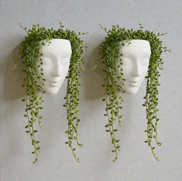 Image of Wall Mounted Face Planter Set, White, Decorative Indoor Plant Holder, Modern Home Decor, 2 Pieces (Plastic)