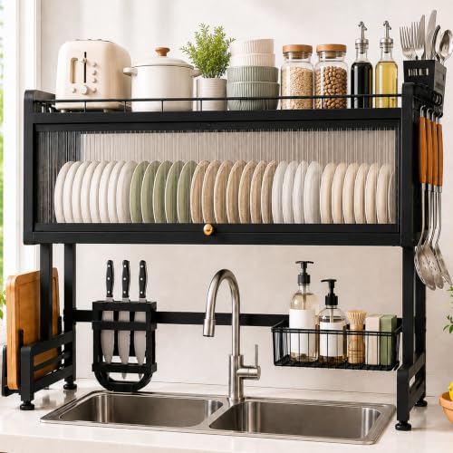 Image of COMFYHOME Over the Sink Dish Drying Rack for Kitchen More Sturdy Stable with Lid 105cm, Rust-Proof Durable, Features Knife Rack, Cutting Board Holder, Storage Basket Ideal for Dish Drainer Large Size