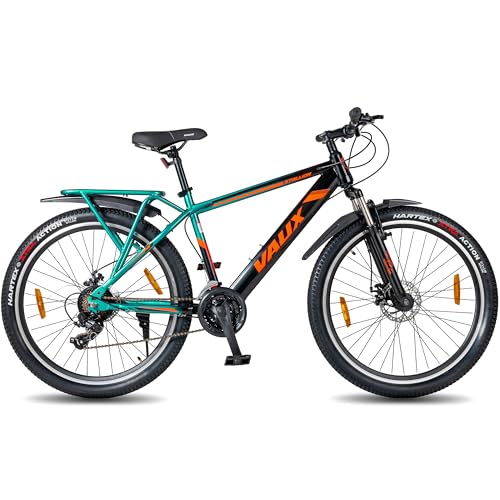 Image of Vaux Stallion-Pro 27.5T Gear Cycle for Men with Carrier, 27.5inch MTB with 21 Speed Shimano Gears, Front Suspension, Dual Disc Brakes, 18 inch Hi-Ten Steel Frame, Double Wall Alloy Rims(Green-Black)