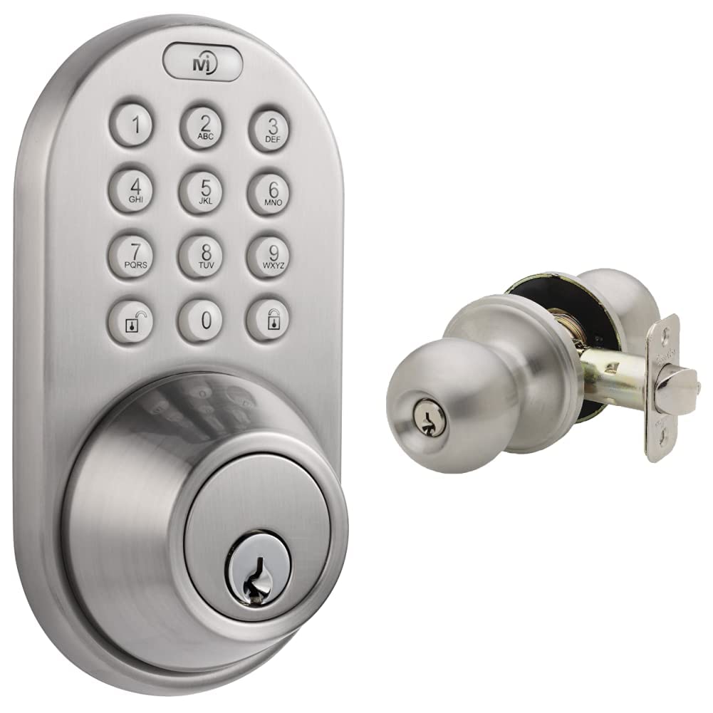 MiLocks DF-02SN Electronic Keyless Entry Touchpad Deadbolt Door Lock and Copper Creek BK2040SS Ball Door Knob, Keyed Entry Function, Satin Stainless