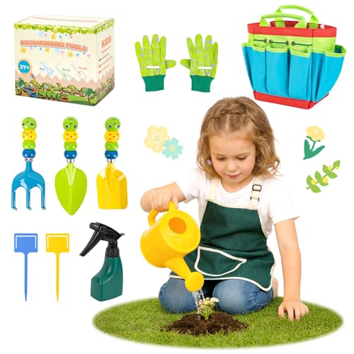 Funsland Set di Attrezzi da Giardinaggio: Set Attrezzi Giardino Bambini, Strumenti in Metallo, Annaffiatoio, Guanti da Giardinaggio, 10 Pezzi Kit, Bambina 3+ Anni, Giochi A ll'aperto Regalo