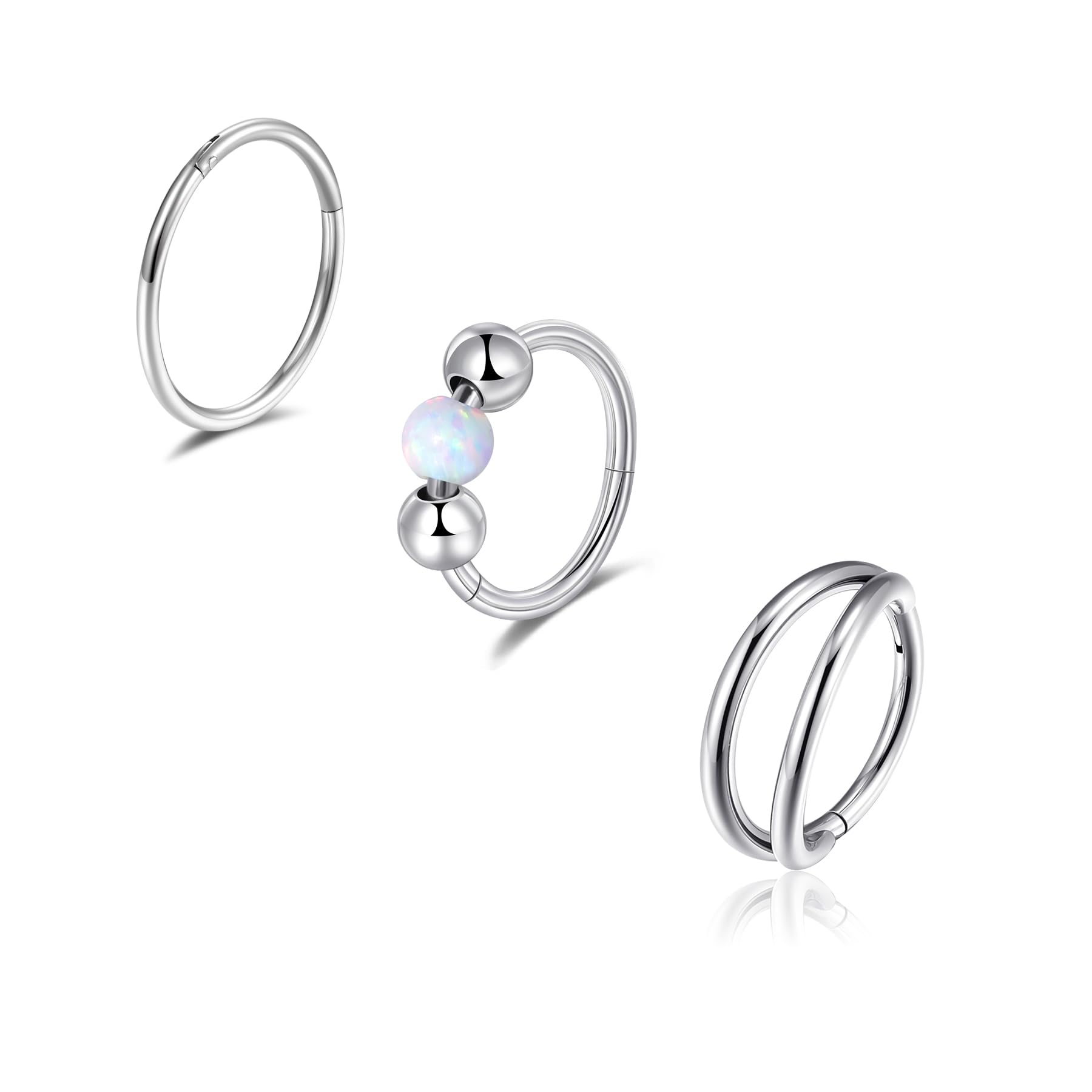 Lantine Double Hoop Nose Ring for Single Piercing Set Surgical Stainless Steel Septum Ring Cz Opal Hinged Clicker Daith Tragus Conch Piercing Jewelry