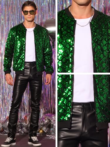 Image of Lars Amadeus Argyle Sequin Bomber Jacket for Men's Party Club Shiny Baseball Varsity Jacket