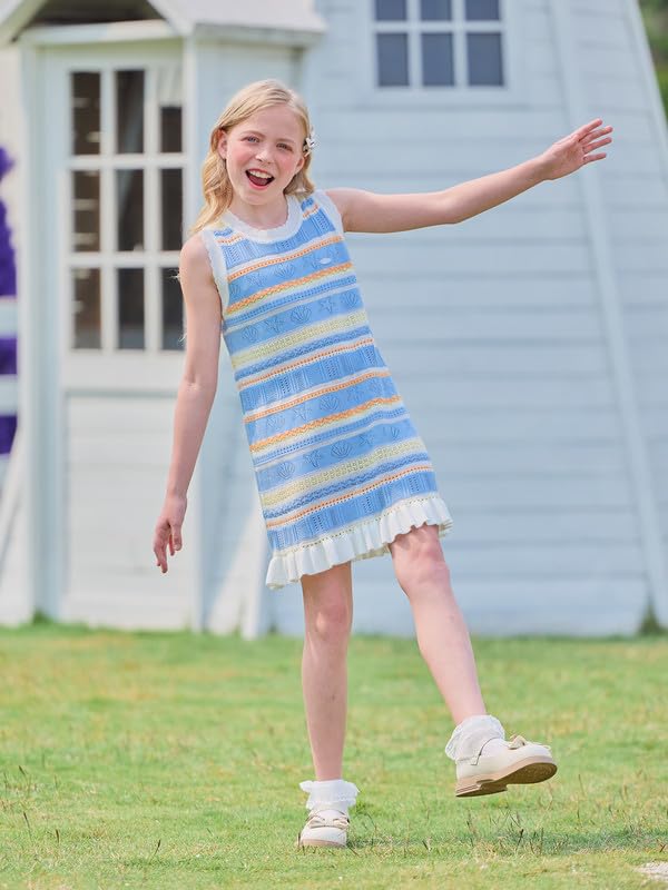 Girls Sleeveless Tank Dress, Blue Multicolor Striped Floral with Ruffle Hem Casual Summer Dress 6-16Y4