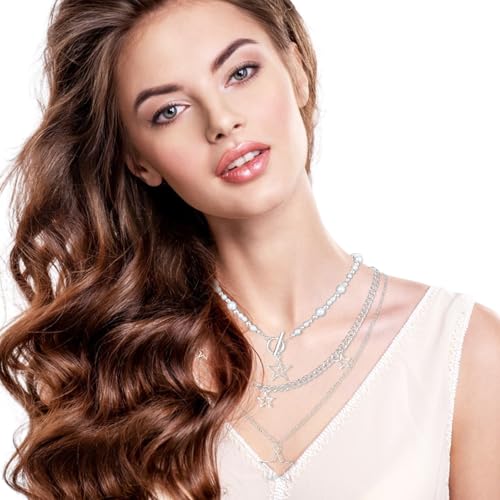 Star Necklace Y2k Silver Necklace Grunge Layered Necklace Cute Aesthetic Stack Toggle Chain Necklaces for Women Vintage Emo Jewelry4