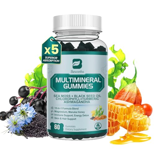 Sea Moss Gummies with Ashwagandha & Chlorophyll, Immune, Digestive and Gut Detox Support, Powered by Black Seed Oil, Vitamin C, Vitamin D & Magnesium, GMO, Vegan, Apple Flavor, 60 SeaMoss Gummies