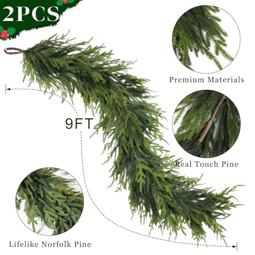 Artificial Norfolk Pine Garland - Faux Christmas Garland Fake Green Garland for Fireplace,Table, Stairs, Mantle, Window,Indoor Outdoor,Home,Holiday Decor (2 PCS,9 FT) - Image 5