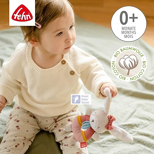 Fehn Baby Ring Greifling Hase fehnNATUR - Kuscheltier aus Baumwolle aus biologischem Anbau - Babyspielzeug mit Rassel zum spielerischen Lernen - Greif Spielzeug für Babys & Kleinkinder ab 0+ Monaten