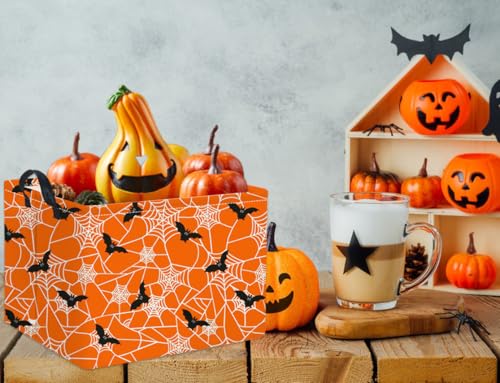 Image of Rectangular Halloween Basket for Boys and Girls Kids Trick or Treat Pumpkin Basket for Halloween Parties Cute Storage Bin Organizer Box Room Decor(Bat spider web)