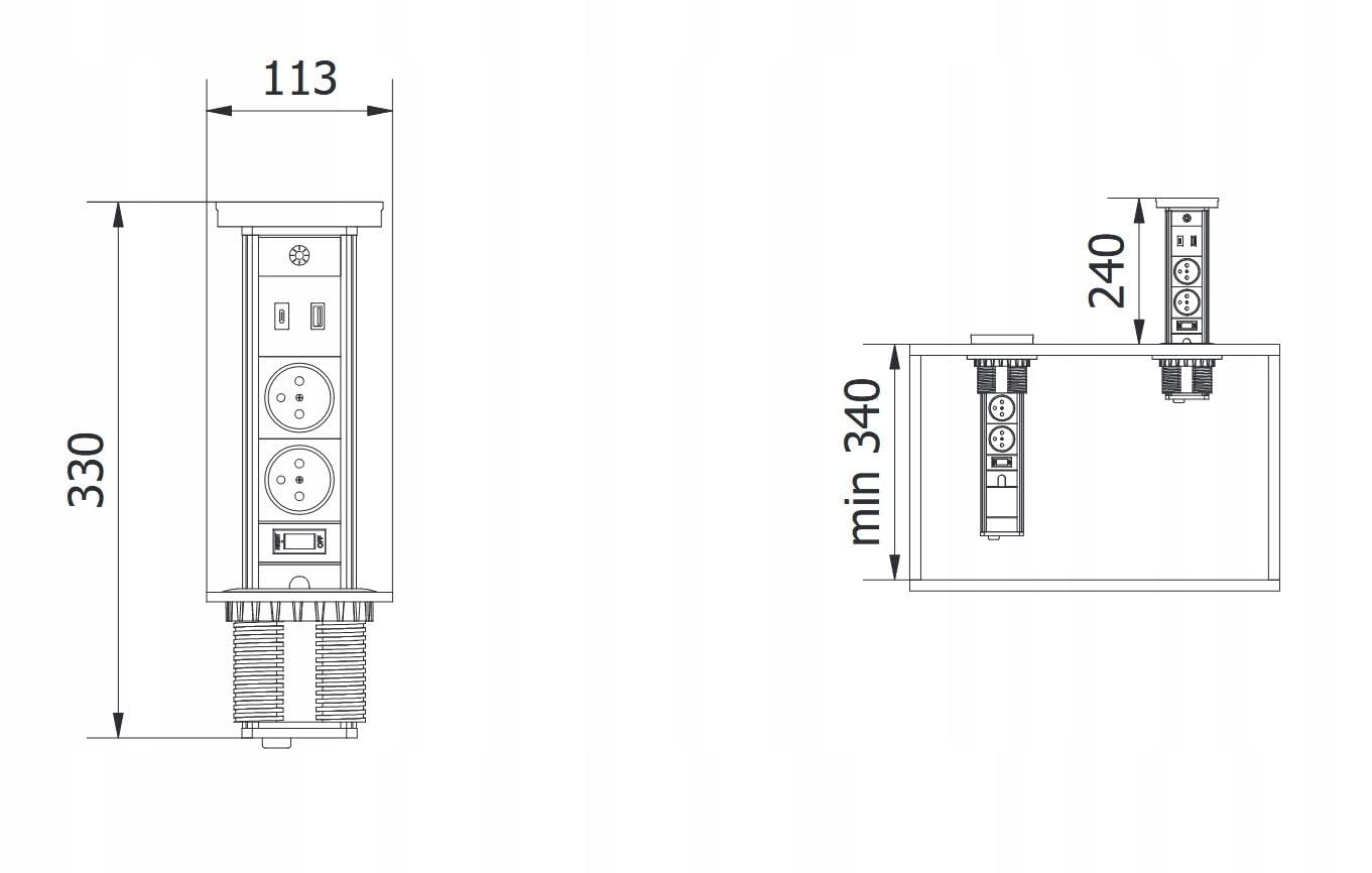 GTV CAMINO Przedłużacz Meblowy Blatowy Wpuszczany, 2 Gniazda French, USB A+C, Ładowanie Indukcyjne 10W, Czarny, Aluminium, 1.5m, 220-240V