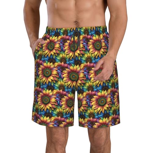 Rainbow Sunflower Print Stylish Beach Shorts Swim Trunks Lightweight Breathable Summer Outdoor Activities