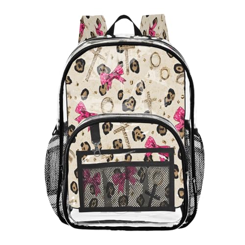 Clear Backpack for School Leopard Print Pink Bow Pattern Transparent Bookbag for Girls See Through PVC Boy Backpacks