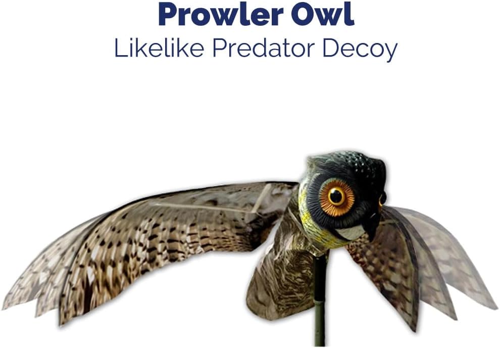 Bird-X Prowler Owl, Lifelike Owl Decoy with Glassy Eyes and Moving Wings, Easy to Install, Perfect for Pigeon, Hawk, and More, Covers up to 6,000 sq. ft., Black, Small