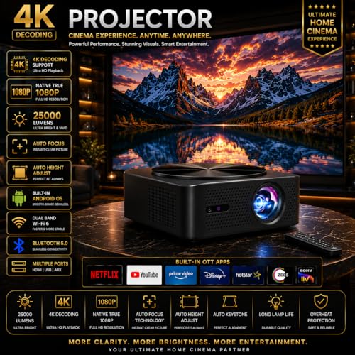Image of Reysol Projector | 4K decoding | Native 1080P | WiFi | Miracast | Brighter 25000 lumens | Auto Focus (Speaker /Wireless /Remote Controller) Portable Projector