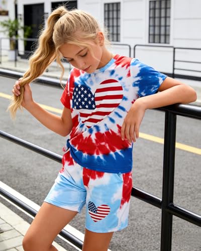 Image of 7-14Y Tween Girl Clothes 2 Piece Short Sleeve Tie Dye Heart Print Top and Shorts Teen Girl Summer Outfits Short Set