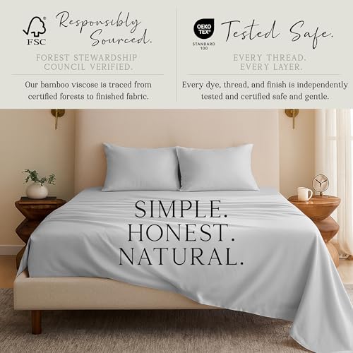 Image of KARISSA MAE Bamboo Viscose 34 inch Split Top King Size Sheet Set, FSC Certified | Single 34 inch Split Fitted Sheet | Sleep Number & Adjustable Bed | Cooling | 18 inch Deep Pocket w / Corner Straps [Grey Mist]