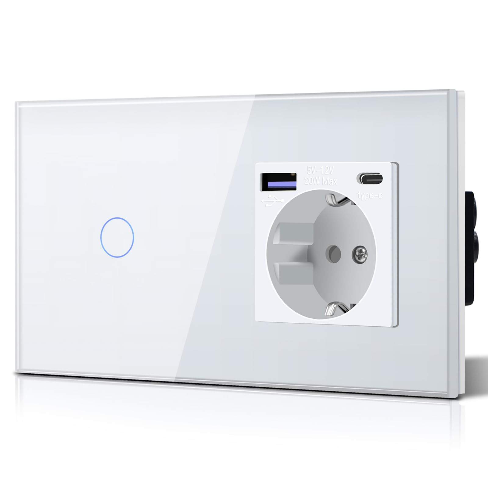 BSEED Enchufe Pared con 20W USB y Tipo C,Enchufe USB C de Cristal,Carga Rápida,3 en 1，Fácil Instalación,1 Enchufe,86mm Blanco — view 87
