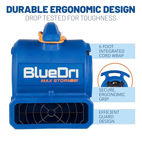 Image of BlueDri Max Storm 15 1 /8 HP 600 CFM Mini Air Mover Blower Fan for Home or Commercial Use, Water Damage, Home Carpet and Floor Drying, Blue, MD-MS15