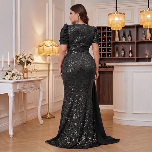 Image of Elegant Women's Formal Dress Wedding Guest Puff Sleeve Mermaid Ball Gowns Court Train Plus Size Sequin Long Dresses