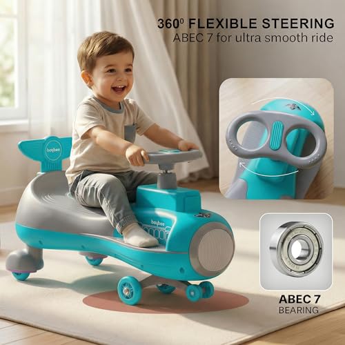 Image of Baybee Zygo Swing Car for Kids | Twister Push Ride on Baby Car with RGB Light & Music | Magic Car for Kid with 360 Steering & Backrest | Kids Car for 2-5 Years Boy Girl (Blue)