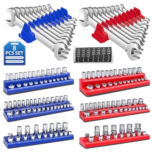 Magnetic Socket Organizer Set, 8PCS Socket Holder with 6 Socket Trays & 2 Wrench Racks, Metric & SAE Tool Box Organizer 1/4', 3/8', 1/2' for Garage, Toolbox, Workbench(Socket, Wrench not Included)