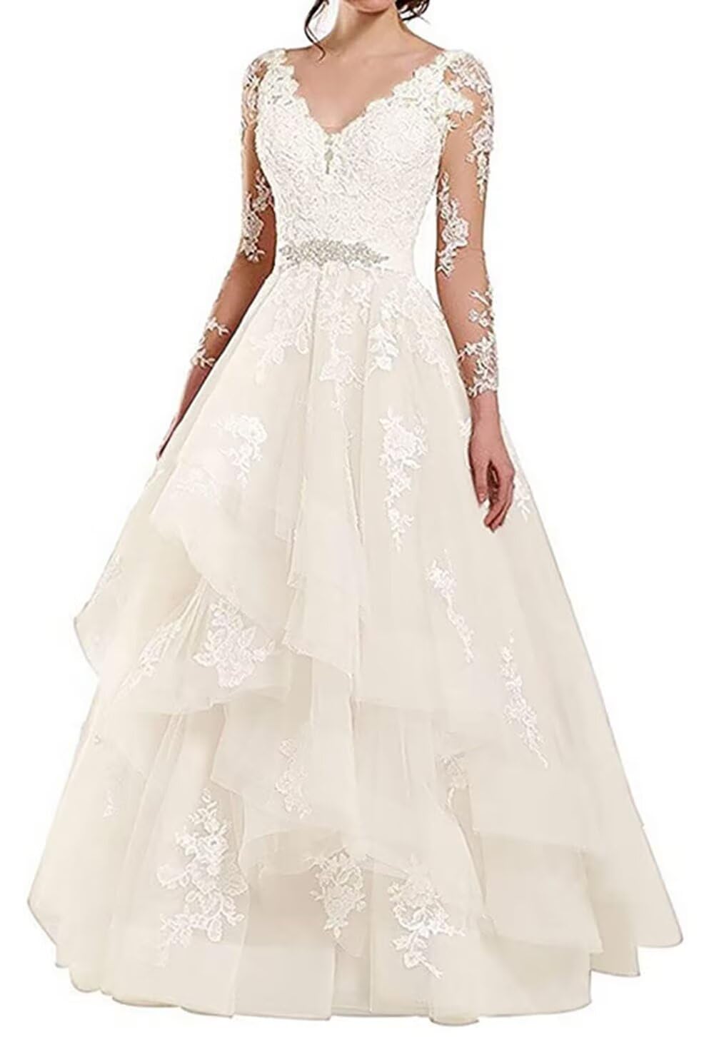 Abito da sposa da donna con pizzo, lungo, bohémien, spiaggia, con fessura, elegante linea ad A, abito da sposa