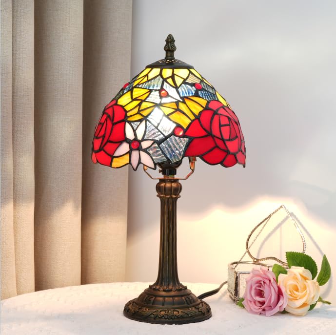 Delightful Décor Tiffany Style Lamp Desk Lamp Creative Stained Glass Lamp Red Rose Personality Decoration Cute Small Nightstand Desk Lamp for Home Decor Study Living Bedroom Gift 8 inch