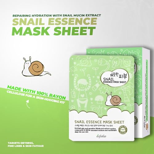 esfolio Snail Essence Mask Box – Hydrating & Repairing Sheet Masks, Korean Skincare for Moisturizing, Soothing, and Skin Renewal, Anti-Aging Face Mask for All Skin Types (Pack of 10)