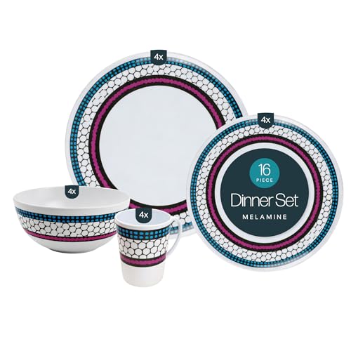 Leisurewize LWACC380 Melamine 16 Pcs Dinner Set - Plates Bowls Mugs Side Plates - Honeycomb Art Heat Resistant Dishwasher Safe Portable Dinnerware