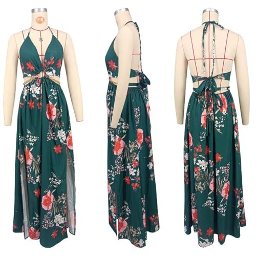 Image of Qikaka Women's Sleeveless Deep V Neck Floral Printed Metal Chain Bodycon Sexy Nightclub Party Boho Dress