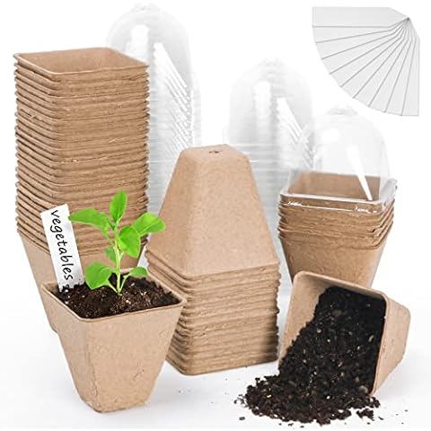 GUEQUITLEX 50 Pack Nursery Pots with Humidity Dome 3.2 Inch Peat Pots with Drainage Holes Biodegradable Seed Starter Pots for Seed Germination Cover