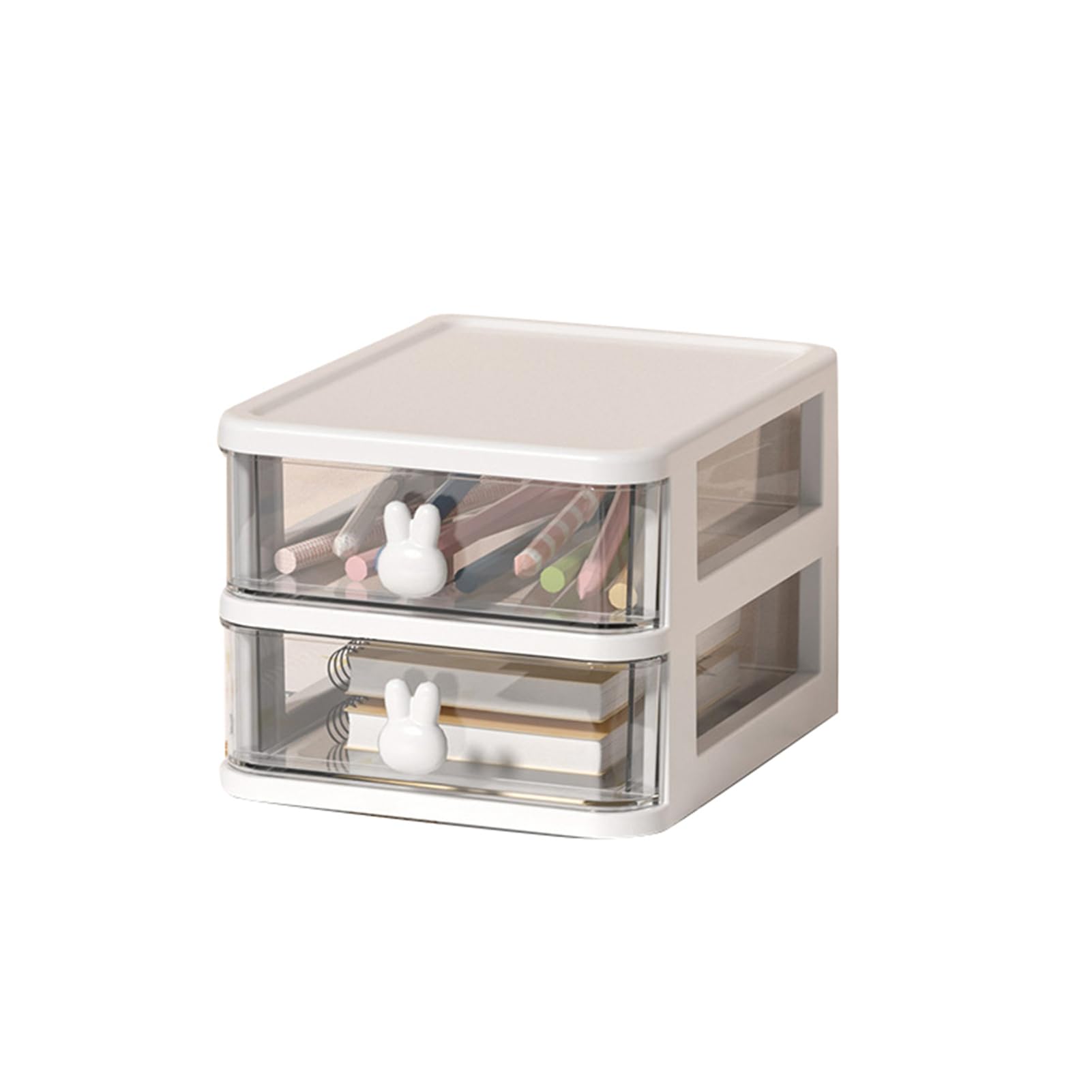 Desk Organizer Drawer, Clear Plastic Desk Storage Box, Plastic Large Capacity Bunny Handle Small Drawer Organizer for Book Pen Office School Home (White 2 Layers)