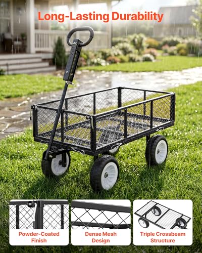 Image of VEVOR 900 LBS Steel Garden Cart, 2 in 1 Handle, Heavy Duty Pullable Garden Wagon with 10 inch Flat-Free Tires, Outdoor Utility Yard Wagon Cart with Detachable Side Panels, Attach to ATV or Tractor