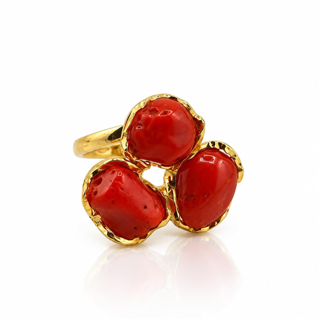 Anello da donna e ragazza miusra regolabile in argento 925 dorato con tripla spola barocca corallo rosso naturale del Mediterrano gioiello unico artigianale