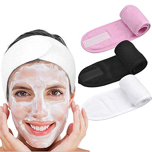 Voarge Juego de 3 diademas de maquillaje, ajustables, toalla elástica de rizo con cinta mágica para lavar la cara (blanco, negro y rosa)