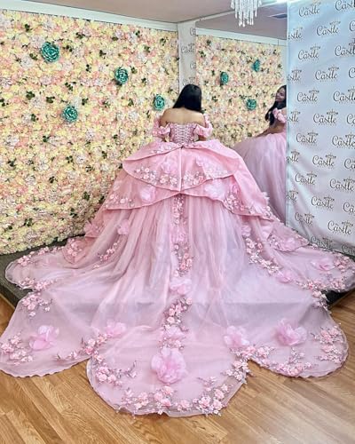 3D Flowers Quinceanera Dresses with Long Train Off Shoulder Ball Gown Ruffled Sleeves Puffy Dress for 15 163