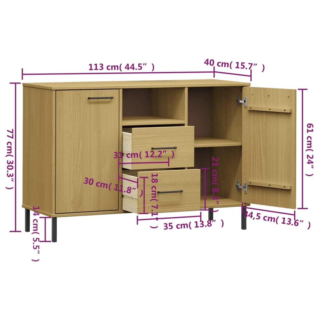 Aparador industrial de madera maciza con patas de metal, color marrón Oslo, 113 x 40 x 77 cm, para salón, cocina, pasillo