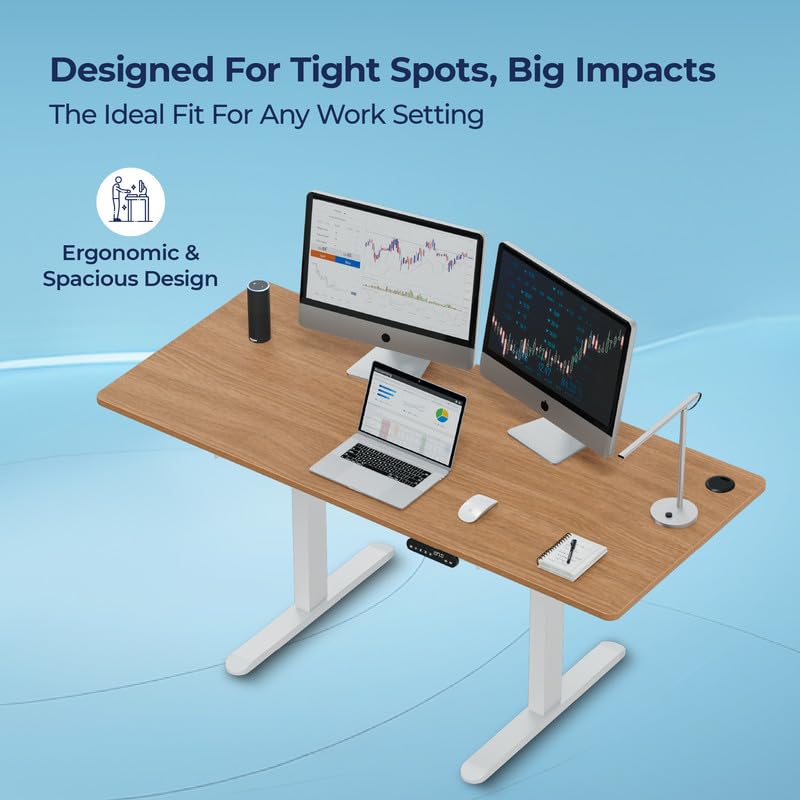 Image of The Sleep Company - AeroPlus Electric Height Adjustable Desk | Ergonomic Work from Home Table | 4 Memory Presets | 2 Years Warranty | 1600 x 700 Thick Top | Free Installation | Oak & White