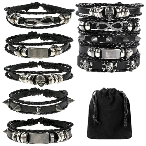 Persiiious 5 Piezas Cuero de Puño Ajustables Pulseras, Pulseras de Cuero Trenzado Punk, Brazalete Trenzado Punk, para Hombres y Mujeres, Talla única
