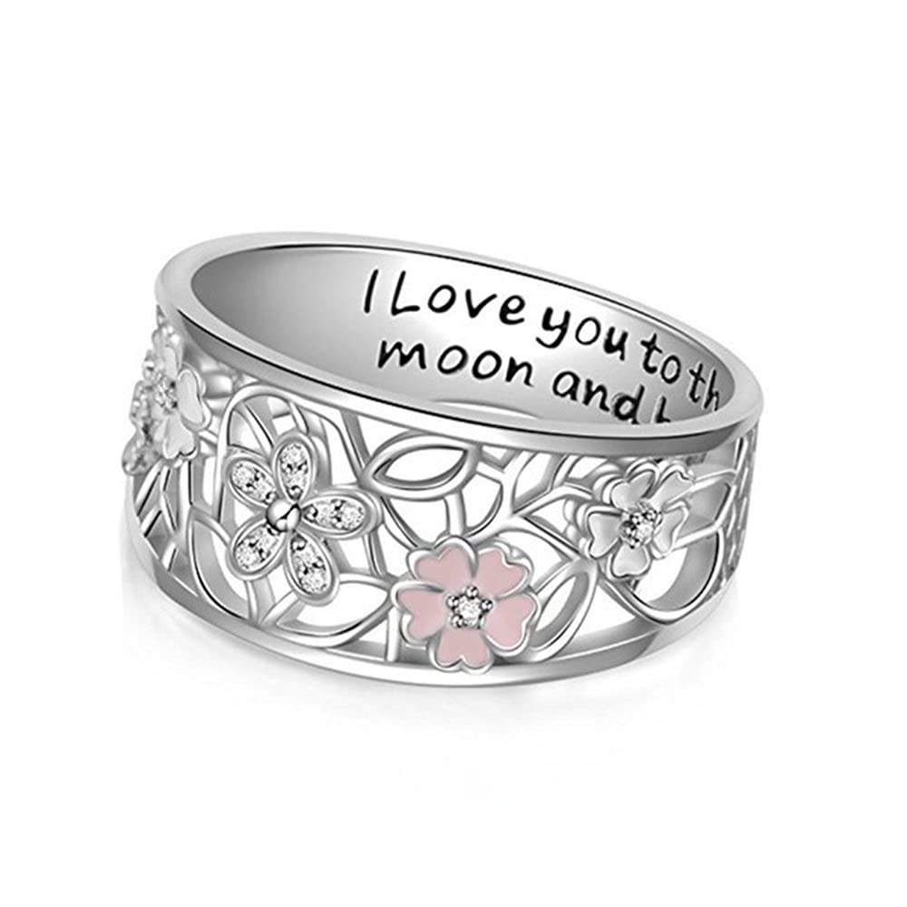 925 Sterling Silver Ring Engraved I Love You to The Moon and Back Eternity Ring Hollow Flower Pattern Ring Cherry Ring for Women ST.013(9)