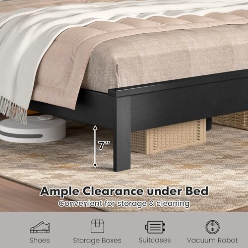 Image of GIANTEX Wood Queen Platform Bed Frame with Headboard, Mid Century Bed Frame with Solid Wood Legs & Wooden Slat Support, Easy Assembly Supports 500 LBS, Black Bed