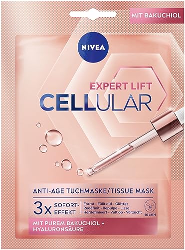 NIVEA Cellular Expert Lift Anti-Age Tuchmaske (1 Maske), glättende Gesichtsmaske für eine schöne & jünger aussehende Haut, Feuchtigkeitsmaske mit Bakuchiol + Hyaluronsäure