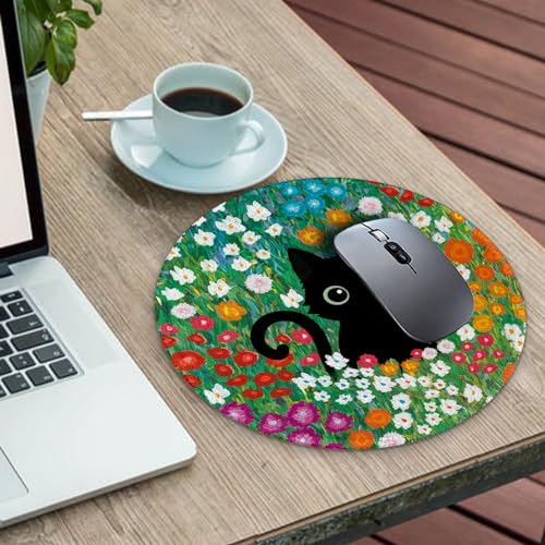 Image of Gctriki Anime Black Cat Mouse Pad 8.6 x 8.6 Inch, Funny Round Mousepad for Gaming Laptop Computer, with Stitched Edge Non-Slip Rubber Base, Cute Cat Flower Home Office Decor Desk Accessories