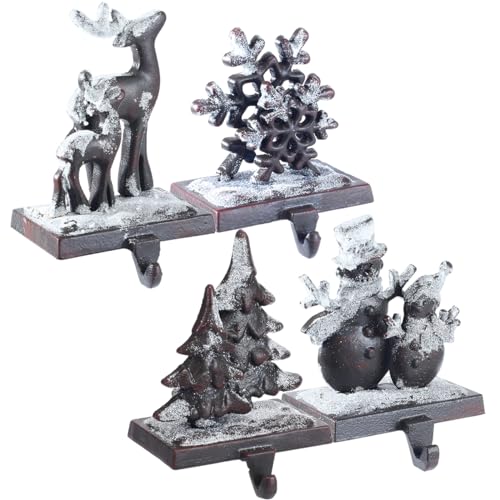 Cast Iron Christmas Stocking Holder for Mantel Set of 4 Christmas Stocking Holder for Fireplace Deer Snowman Snowflake Tree Weighted Christmas Stocking Holders Heavy Duty Christmas Stocking Holder