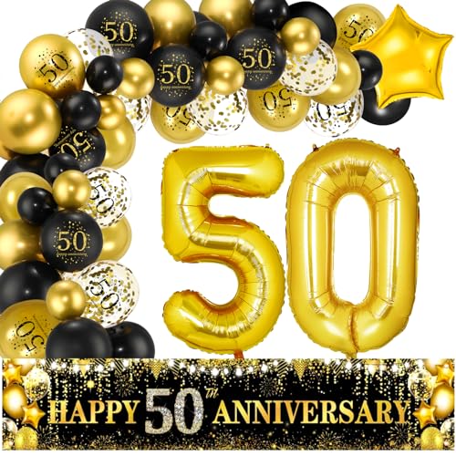 50th Golden Wedding Anniversary Decorations - Black Gold Happy 50th Anniversary Yard Banner and 59pcs Foil Number 50 Balloons