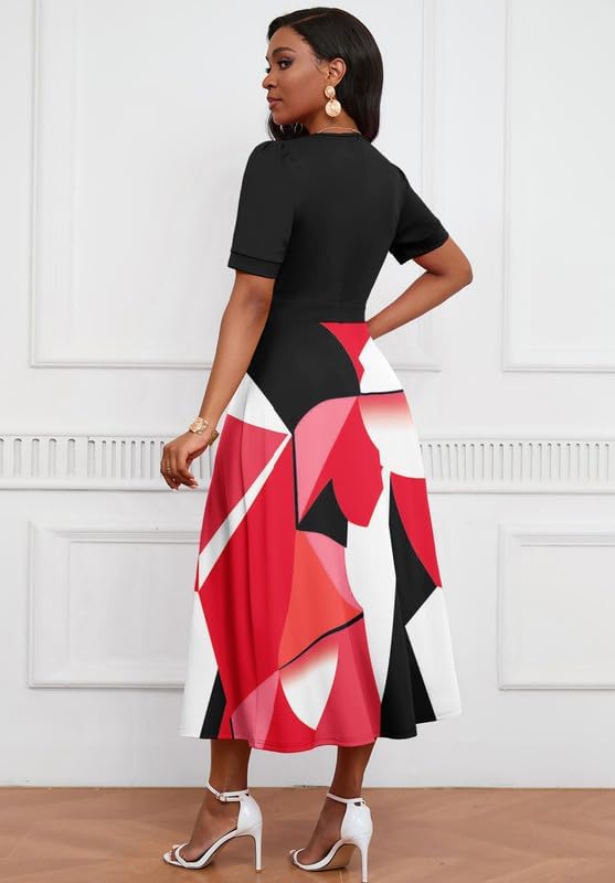 Image of MarryUP Women's Midi Dresses - V Neck Cocktail & Church Tea Dresses - Short Sleeve A-Line Swing Dress