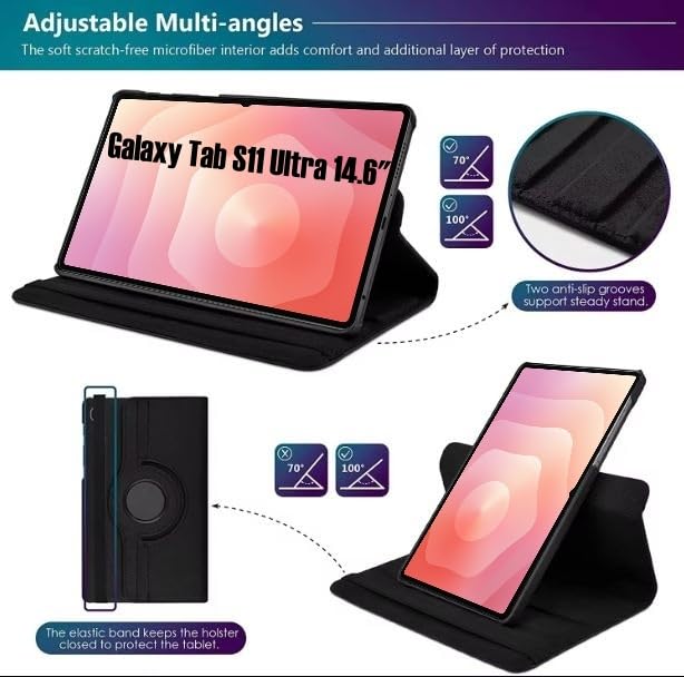 Image of HyperCase Flip Case Cover for Samsung Galaxy Tab S11 Ultra 14.6 inch Leather Stand Smart Case Cover 360 MultiAngle Rotatable Case Cover, Black