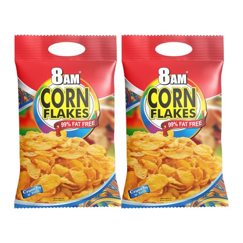 Image of 8AM Corn Flakes 500 Gram (Pack Of 2), 92% Corn, 99% Fat Free, No Cholesterol, Trans Fat, Artificial Additives, Vitamins B1, B2, B3, B6, B9, Iron, Calcium, Crunchy & Nutritious Cereal